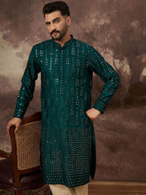 Ethnic Bay Men Teal Silk Blend Solid Embroidered Straight Kurta With Pant Set-MKSET1357