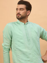 Ethnic Bay Men Blue Silk Blend Solid Embroidered Straight Kurta With Pant Set-MKSET1508