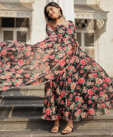 Floral Printed Knee Length Elbow Length Sleeves Round Neck Kurti And Palazzo Set With Net Dupatta-HFXMA-A1-BLACK