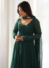 Floral Printed Knee Length Elbow Length Sleeves Round Neck Kurti And Palazzo Set With Net Dupatta-HFXMA-A4-GREEN