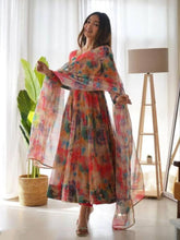 Flared Floral Printed Georgette Anarkali With Printed Dupatta Set For Women (Red)-HFXMA-K108-RED