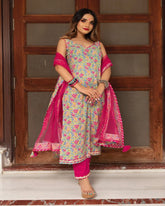 Women's Floral Printed Knee Length V Neck Sleeveless Kurti And Pant Set With Dupatta-HFXMA-K133-PINK
