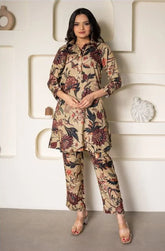 Floral Printed Knee Length V Neck Rayon Co-ords Set-HFXMA-K143-BEIGE