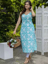 Women's Floral Printed Knee Length V Neck Sleeveless Rayon Kurti (Blue)-HFXMA-K145-BLUE