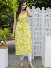 Women's Floral Printed Knee Length V Neck Sleeveless Rayon Kurti (Yellow)-HFXMA-K145-YELLOW