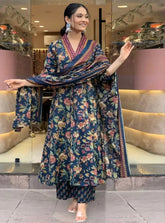 Floral Printed Calf Length Flared Anarkali And Palazzo With Printed Dupatta (Blue)-HFXMA-K151-BLUE