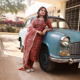 Floral Printed Knee Length V Neck Rayon Kurti And Pant Set With Printed Dupatta-HFXMA-K155-MAROON