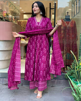 Women's Floral Printed Knee Length Flared Rayon Kurti And Palazzo Set With Printed Cotton Dupatta (K163)-HFXMA-K163-PURPLE