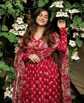 Women's Floral Printed Knee Length Flared Rayon Kurti And Pant Set With Cotton Printed Dupatta (K169)-HFXMA-K169-RED