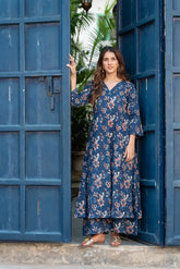 Floral Printed V Neck Rayon Kurta And Pant Set For Women (K201)-HFXMA-K201-BLUE