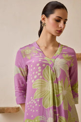 Women's Floral Printed Knee Length V Neck Kurta Set-HFXMA-K227-PURPLE