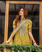 Women's Floral Printed V Neck Kurti And Pant Set With Printed Dupatta-HFXMA-K242-YELLOW