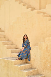 Floral Printed Knee Lengthn v Neck Rayon Co-ords Set (K257)-HFXMA-K257-BLUE