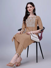 Women's Silk Blend Embroidered Kurti And Pant Set (Brown)-HFXMA-K26-BRONW