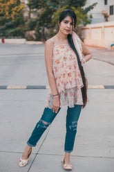 DesiQlo Women Peach-Coloured & Grey Printed Tiered Top ( JOT 7006 Peach )
