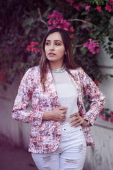 DesiQlo Women Peach-Coloured & Grey Satin Printed Single-Breasted Casual Blazer ( JOB 6002 Peach )