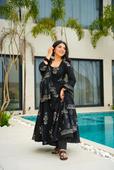 Women's Black Muslin Digital Printed Anarkali Kurta Palazzo With Dupatta-MED3-6060
