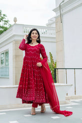 Women's Red Faux Georgette Embroidery Anarkali Kurta Pant With Dupatta-MED3-6066