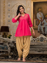 Fuchsia Embroidered Cotton Women Tunic And Pant Co-Ord Set With Mirror & Zari Work-J4602_J4639FUCHSIA