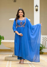 Blue Solid Viscose Kurta Pant With Dupatta Set With Thread & Mirror Work-J4626CBLUE