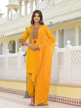 Mustard Ethnic Motif Printed Kurta, Pant And Dupatta Set With Tassels & Buttons.-J4631MUSTARD