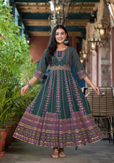 Green Ethnic Motif Printed Georgette Maxi Dress With Sequins Gota Patti