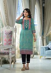 Teal Ethnic Motif Printed Liva Rayon Kurta With Sequins & Gota Patti Work