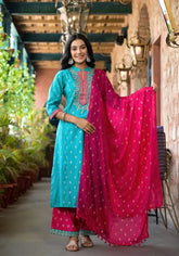 Turquoise Ethnic Motif Printed Liva Rayon Kurta Pant And Dupatta Set With Zari & Mirror Work-J4679TURQUOISE