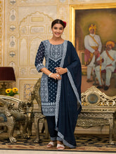 Navy Ethnic Motif Printed Georgette Kurta Pant And Dupatta Set With Sequins & Beads-J4693NAVY