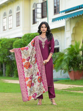 Wine Solid Viscose Kurta Pant With Dupatta Set With Zari & Mirror Embroidery-J4703WINE