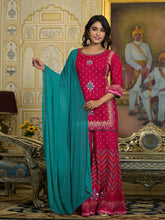 Fuchsia Ethnic Motif Printed Liva Rayon Tunic Sharara and Dupatta Set With Sequins & Gota Patti Work-J4726FUCHSIA