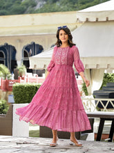 Onion Pink Ethnic Motif Printed Georgette Gathers Maxi Dress With Sequins & Doris-J4735ONIONPINK
