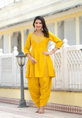 Mustard Solid Viscose Kurta & Pant Set With Zari & Mirror Work-J4745MUSTARD