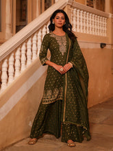 The Swarn Olive Ethnic Motif Printed Rayon Kurta Pant And Dupatta With Zari Work & Sequins-J4746OLIVE