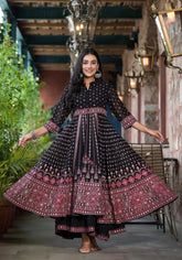 Black Ethnic Motif Printed Georgette A-line Dress With Mirror Work & Sequins-J4751BLACK
