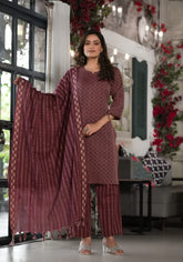Plum Geometric Printed Cotton Kurta, Pant With Tassels On Dupatta-J4757PLUM