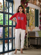 Red Thread Embroidered Cotton Tunic With Mirror work & Buttons-J4761RED