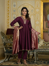 Wine Zari Embroidered Viscose Kurta Pant And Dupatta Set With Sequins & Lace-J4796WINE