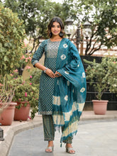Green Ethnic Motif Printed Cotton Kurta, Pant And Dupatta Set With Zari Work & Sequins-J4801OT11GREEN