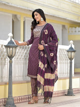 Wine Ethnic Motif Printed Cotton Kurta, Pant And Dupatta Set With Zari Work & Sequins-J4801OT11WINE