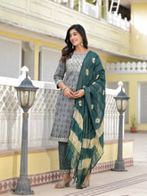 Teal Ethnic Motif Printed Cotton Kurta, Pant And Dupatta Set With Zari Work & Sequins-J4802OT11TEAL