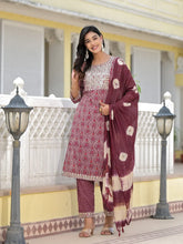 Wine Ethnic Motif Printed Cotton Kurta, Pant And Dupatta Set With Zari Work & Sequins-J4802OT11WINE