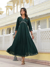 Bottle Green Mirror Embroidered Liva Rayon Dress With Sequins-J4803OT11BOTTLEGREEN