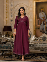 Wine Mirror Embroidered Liva Rayon Dress For Women With Sequins-J4803OT11WINE