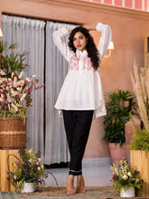 White Thread Embroidered Cotton Tunic With Button Closure-J4818WHITE