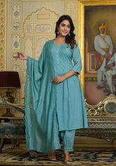 Sky Blue Mirror Embroidered Liva Rayon Kurta Pant And Dupatta Set With Lace & Button Detail-J4819SKYBLUE