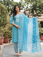 Blue Ethnic Motif Printed Cotton Kurta, Pant And Dupatta Set With Zari Work-J4845BLUE_OF