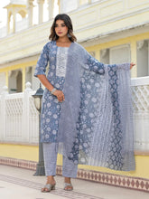 Grey Ethnic Motif Printed Cotton Kurta, Pant And Dupatta Set With Thread & Zari Work-J4846GREY_OF