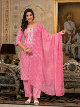 Pink Ethnic Motif Printed Cotton Kurta, Pant And Dupatta Set With Thread And Mirror Work-J4847PINK_OF