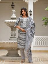 Grey Ethnic Motif Printed Cotton Kurta, Pant And Dupatta Set With Thread & Mirror Work-J4848GREY_OF